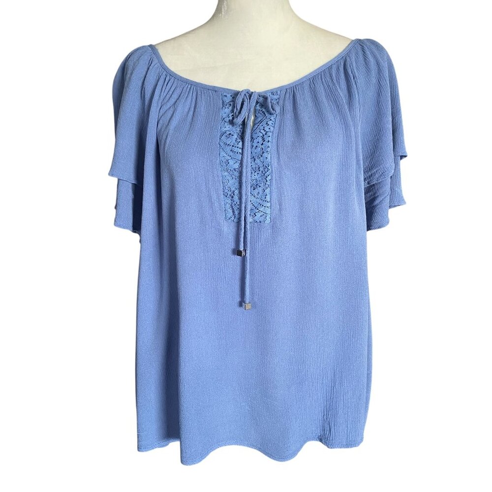 Adrienne Vittadini women's size 3X light blue short sleeve flowy tie front top